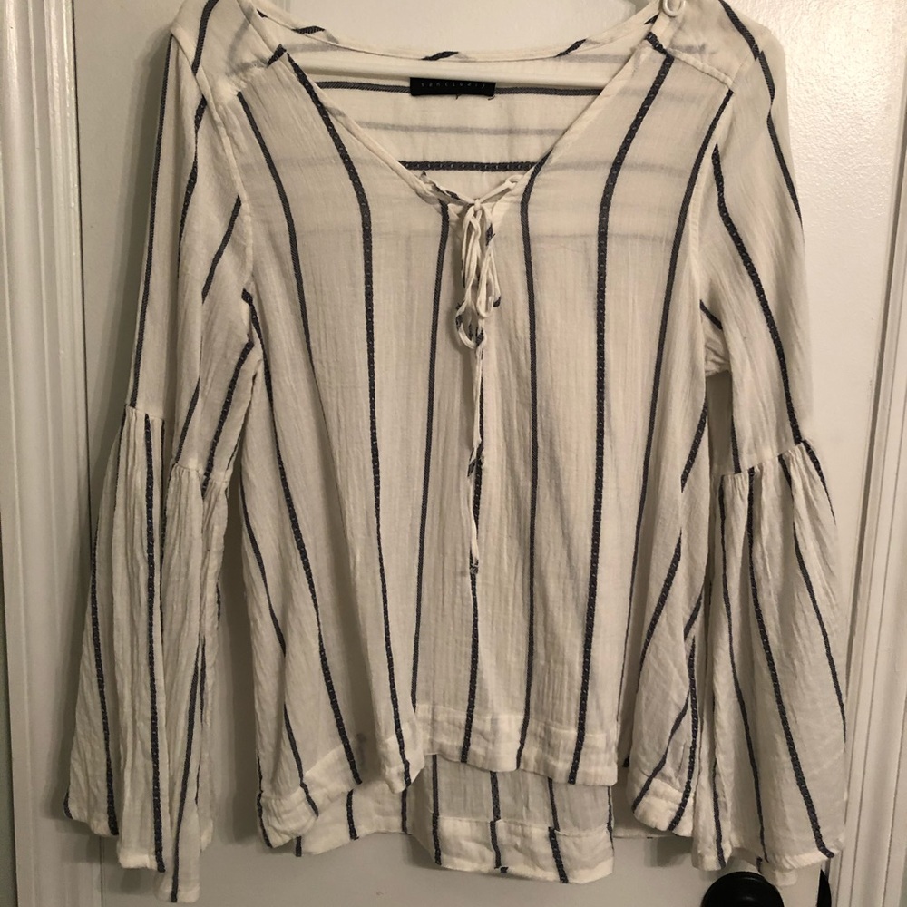 Navy and white blouse, bell sleeves